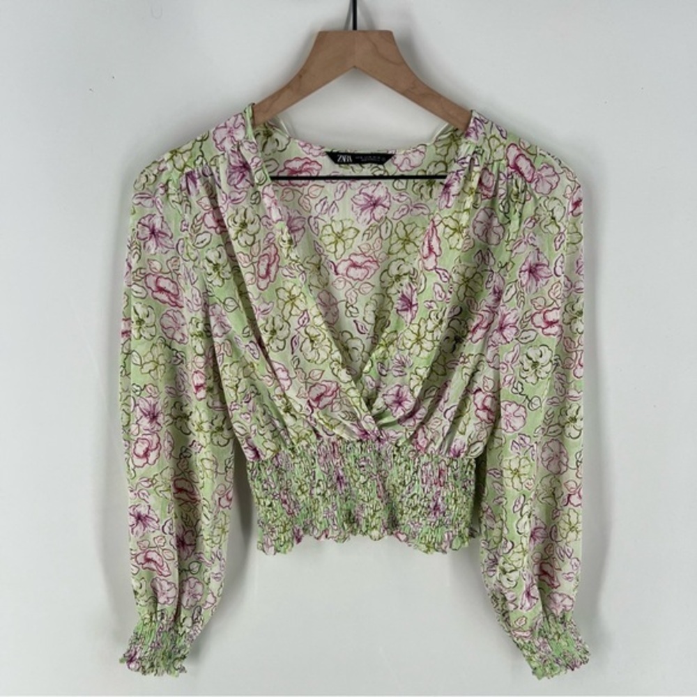 Zara Chiffon Floral Print Surplice Neck V Neck Shirred Waist Peasant Sleeve Top